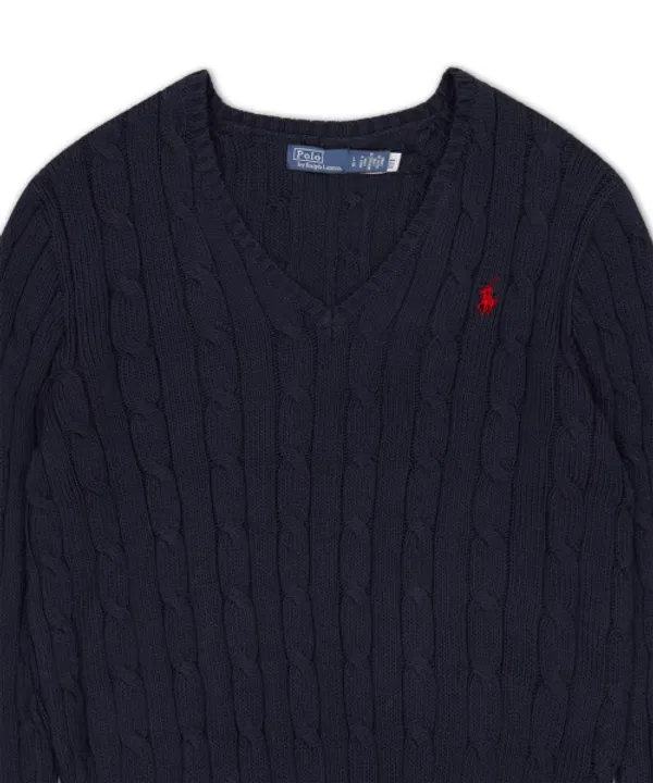 Свитер с V-образным вырезом, кабельная вязка, хлопок, Polo Ralph Lauren, синий — фото 3
