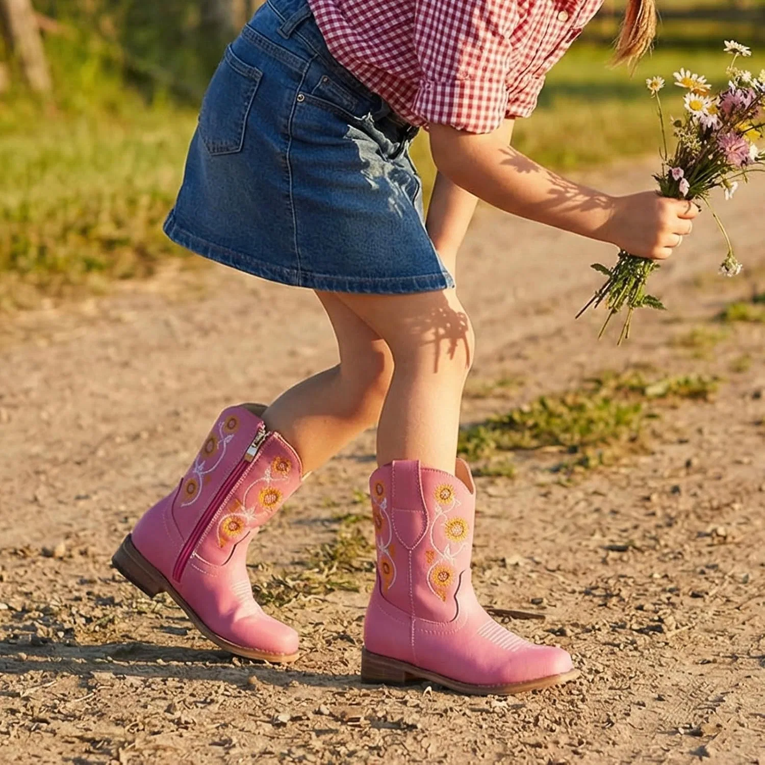 Детские сапоги для девочек с цветочной вышивкой Western Cowgirl Boots Bybmorto, Rose Pink — фото 2