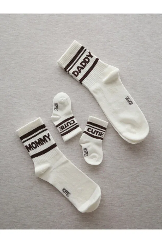Детские носки для новорожденных с полосками, набор 3 пары, модель Cream color triple cotton family baby socks with mom, dad and cutie written on them, Hoppies, White