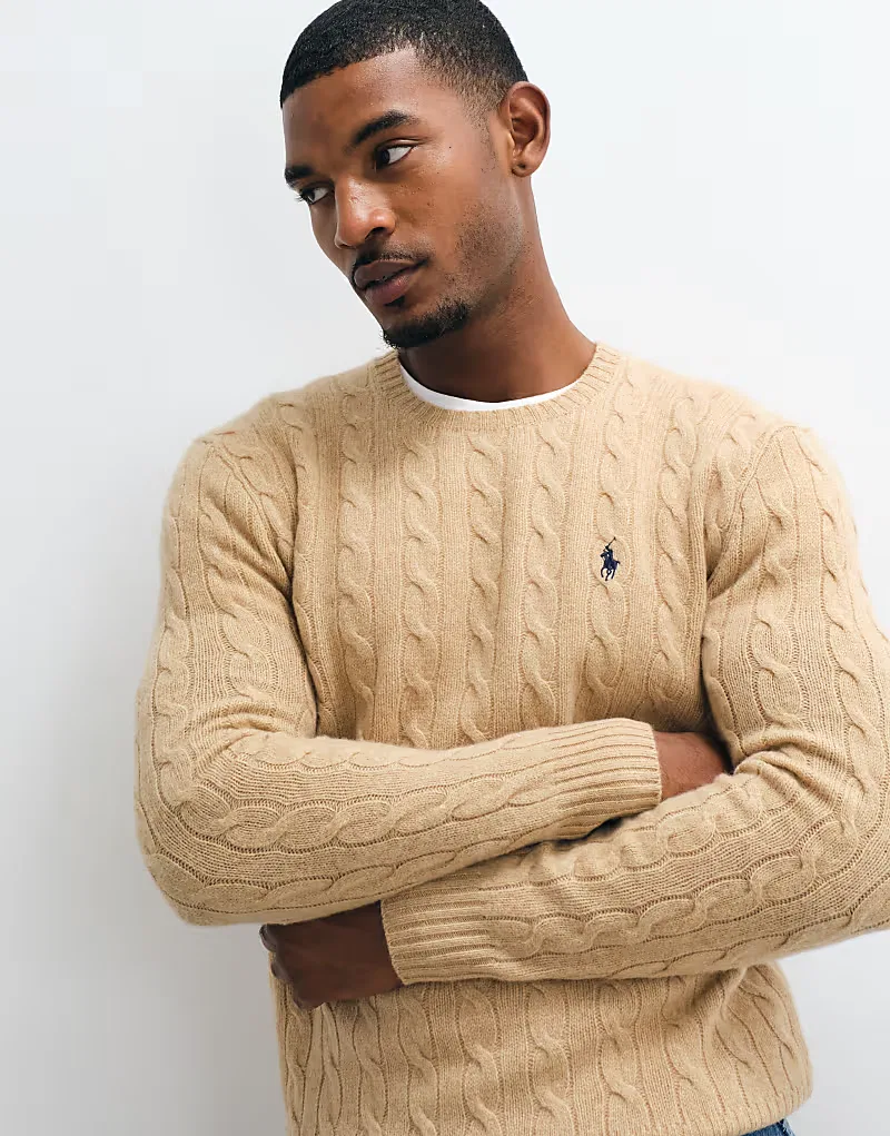 Свитер Polo Ralph Lauren с логотипом Icon, связанный из высококачественной шерсти, коричневый меланжа — фото 2