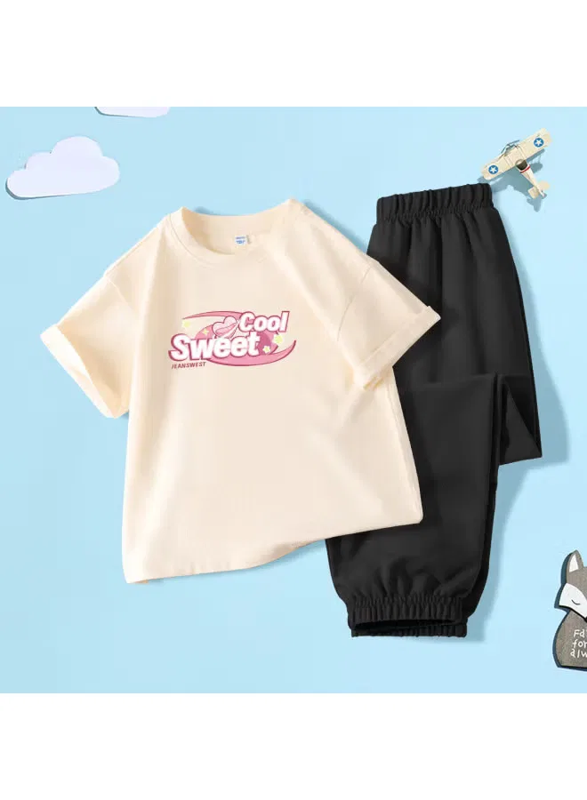 Комплект с коротким рукавом из хлопка с брюками Girls Outfit Summer 2025 Jeanswest, абрикосовый — фото 2