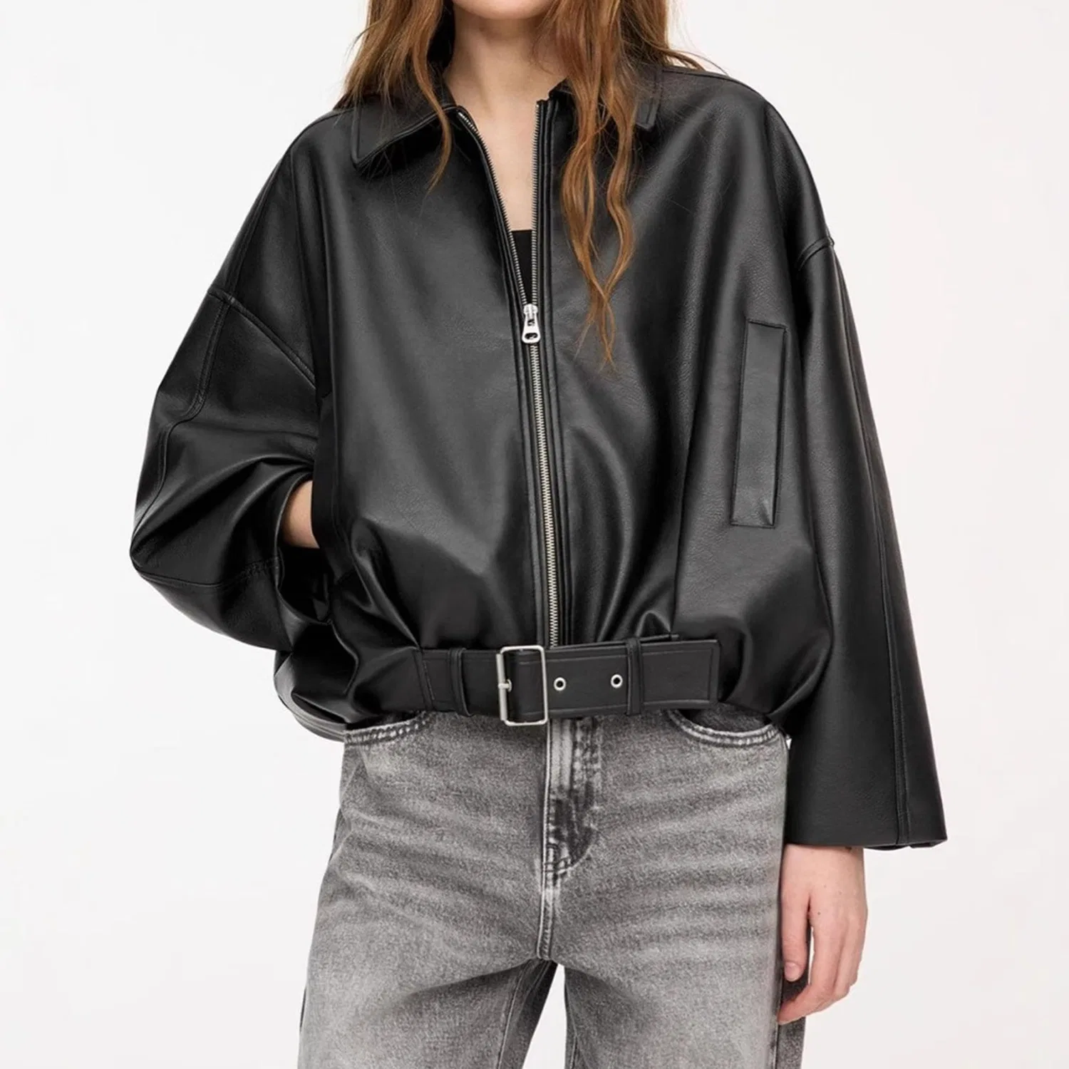 Женская куртка-бомбер из искусственной замши с принтом, модель Pilot Jacket, Black — фото 3