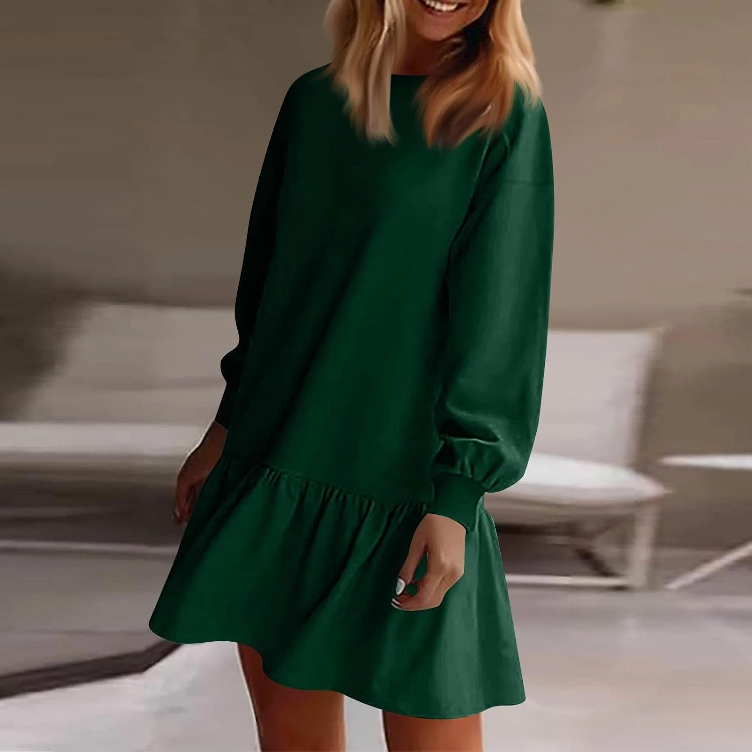 Женское мини-платье-свитшот свободного кроя с длинным рукавом, Dark Green — фото 3