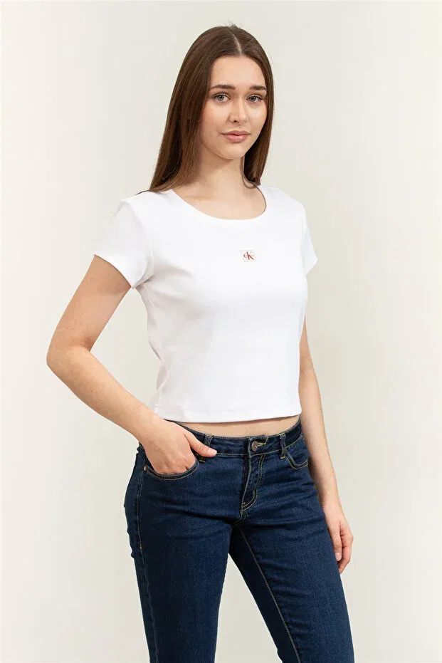 Женская футболка хлопковая A- woven label 2x2 rib baby tee Calvin Klein, Brilliant White — фото 2