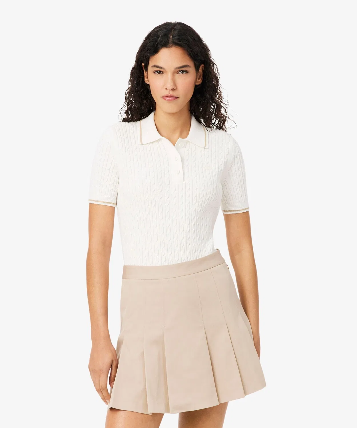 Женский летний поло-свитер с косами, модель Summer Knit Polo LACOSTE, Off White — фото 2