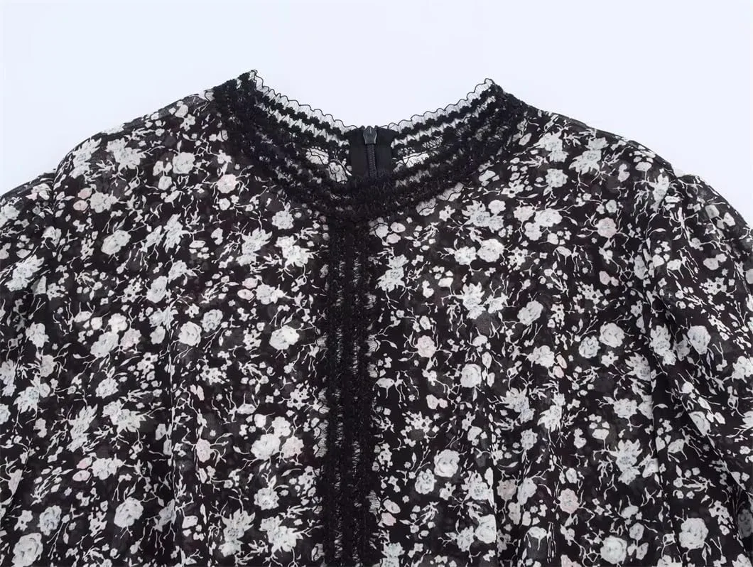 Женское летнее платье мини с кружевом и пышными рукавами, Black — фото 3