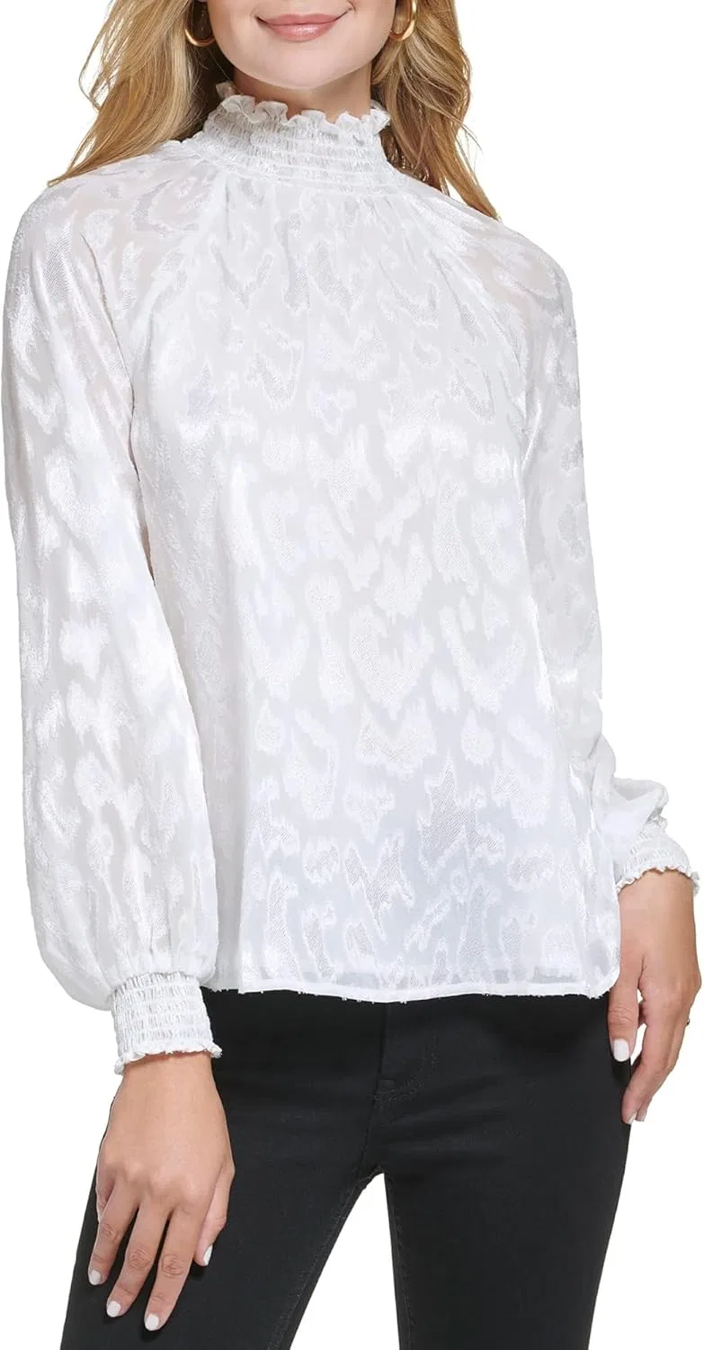 Блуза с высоким воротником и оборкой, Calvin Klein, Winter White