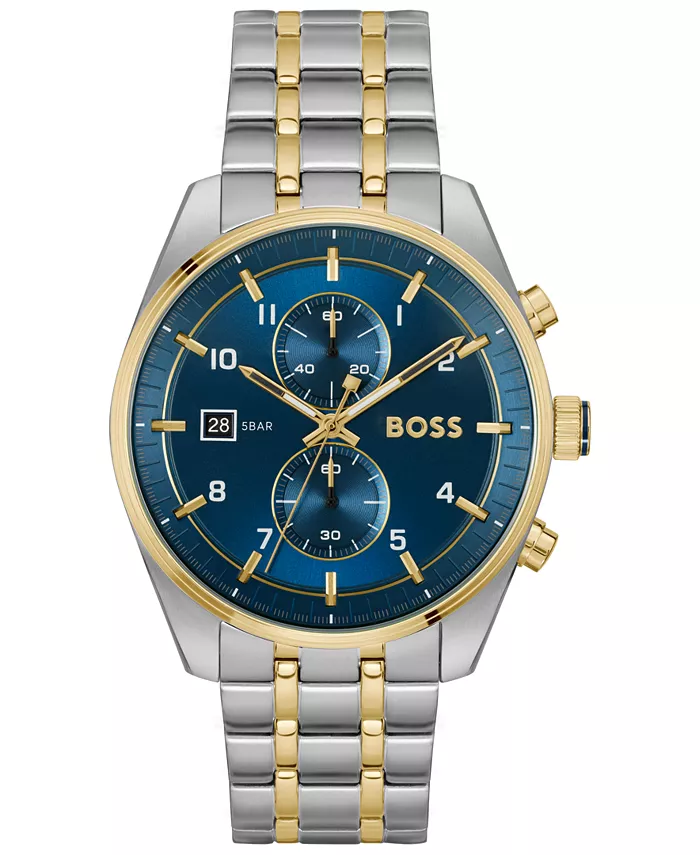 

Мужские часы Skytraveller Quartz Chronograph с ионным покрытием, тонкий корпус из двухцветной нержавеющей стали, 44 мм Hugo Boss