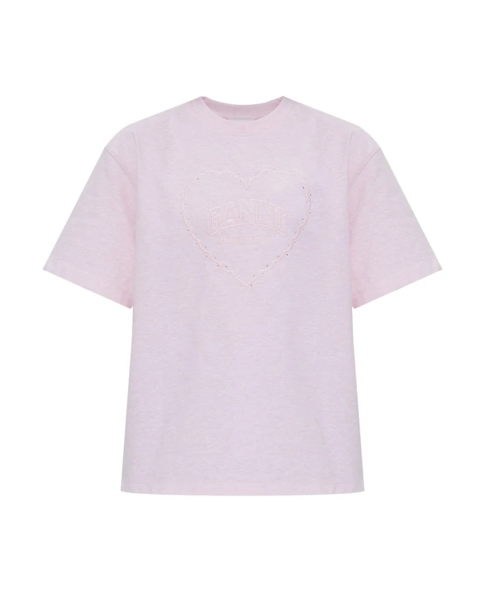 

Футболка из плотного хлопка со спущенными плечами и сердечком Ganni, розовый
