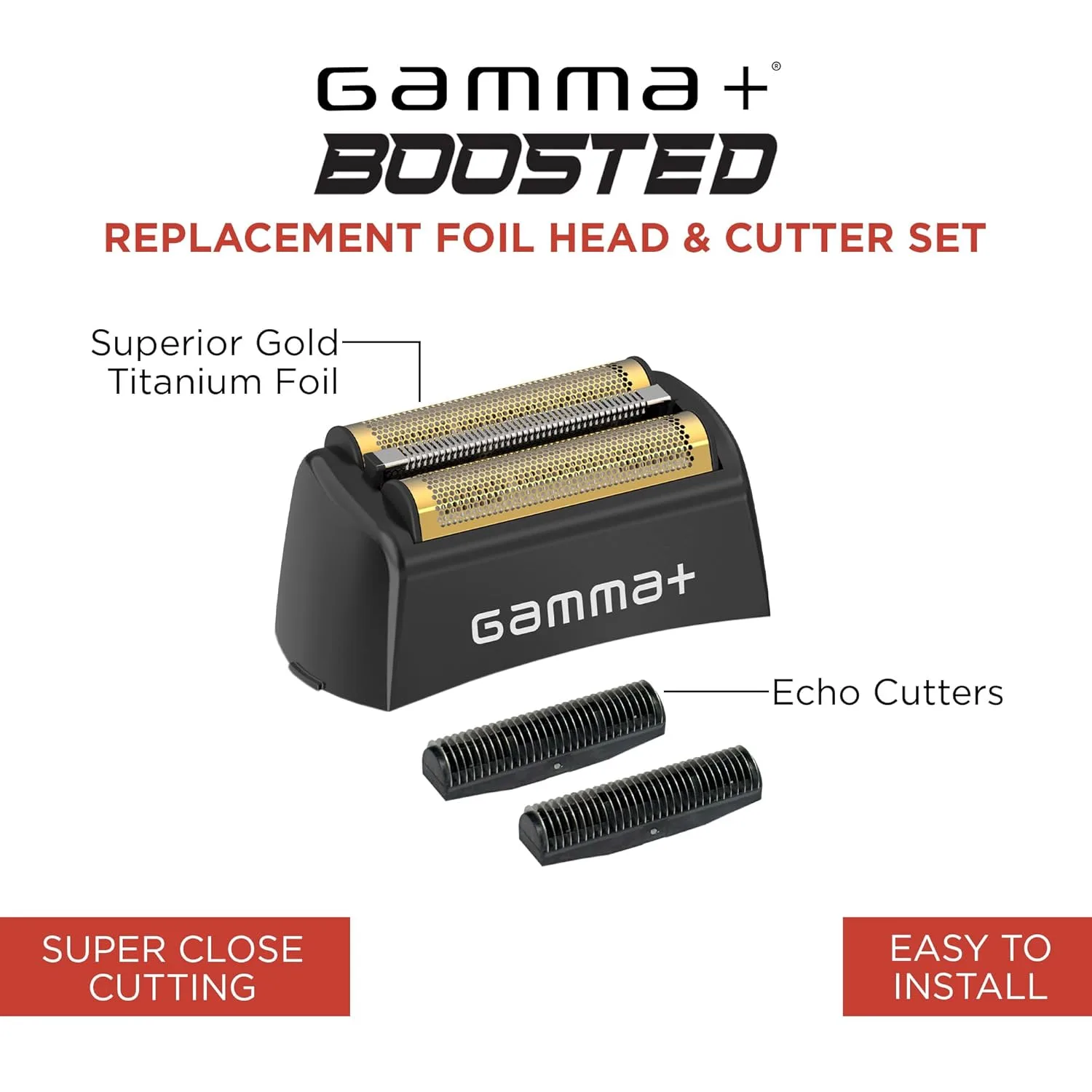 Сменная головка GAMMA+ с золотистой титановой фольгой и набор из 2 режущих лезвий из нержавеющей стали Echo Cutters, совместимых с бритвой Gamma+ Boosted. — фото 2