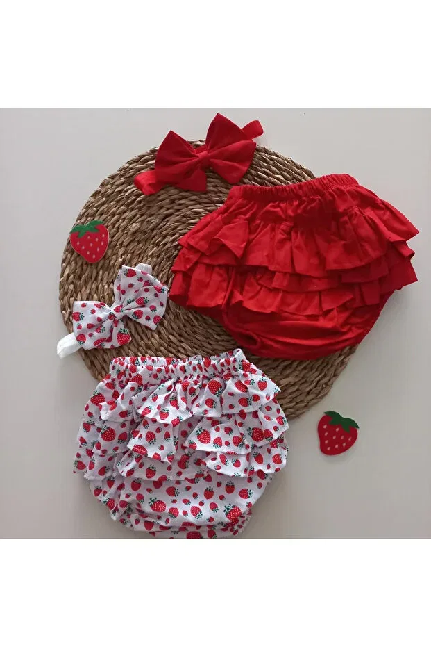 Детский комплект для девочек с принтом Strawberry Ruffle Shorts Skirt Bandana Set Mars Baby, Red