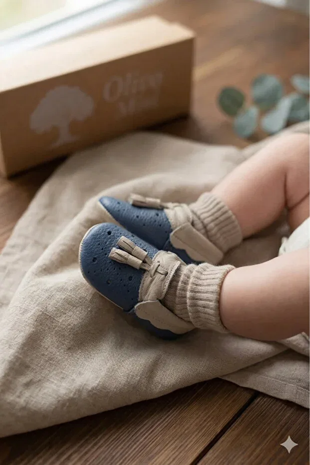 Детские туфли для новорожденных с кисточками Olivo Mini, Blue-Cream — фото 2