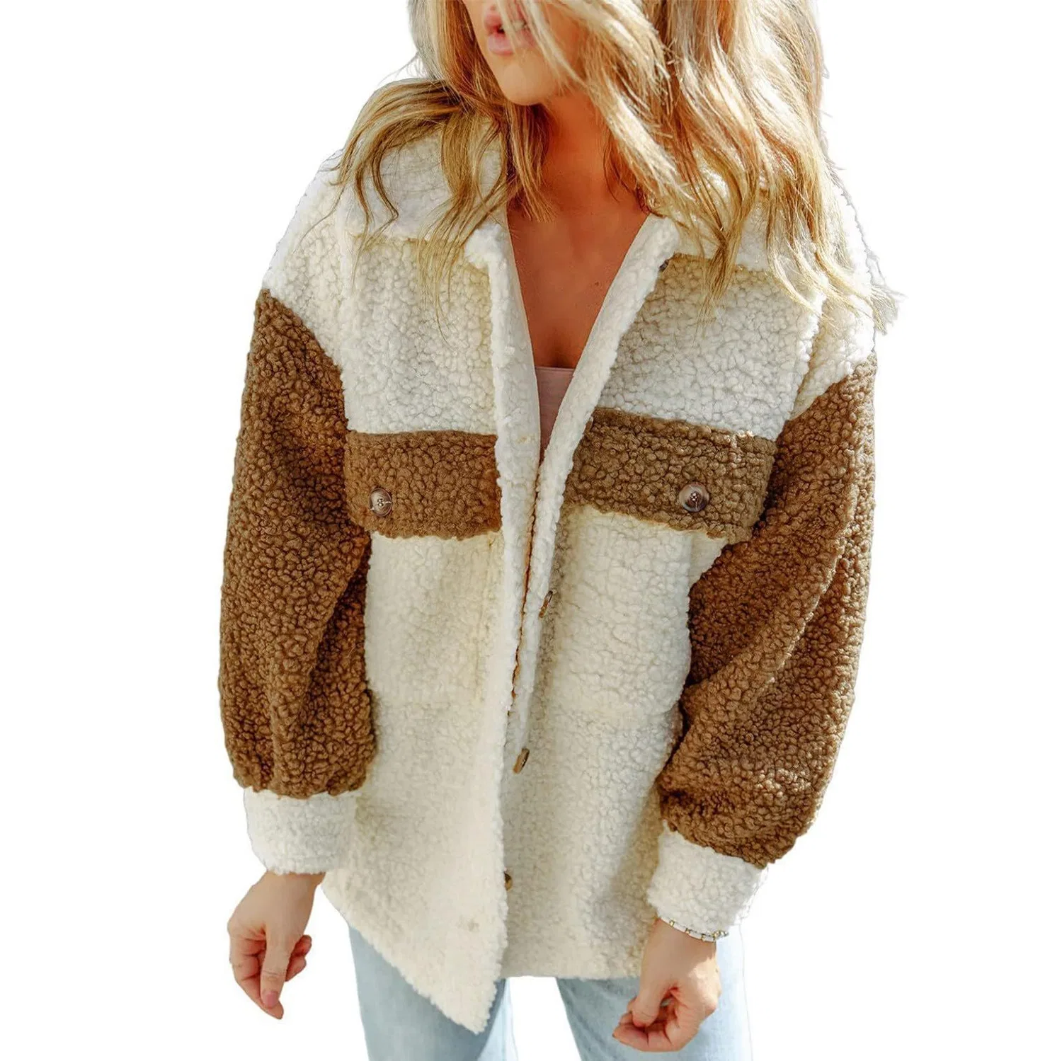 Женское пальто с принтом Women's Fleece Jackets Pea Coat Winter Warm Soft Turn Down Collar Striped Colorblock Fluffy Jacket Long Sleeve Collar Lapel Color Block Patchwork Teddy Cardigan Coats, Marrone