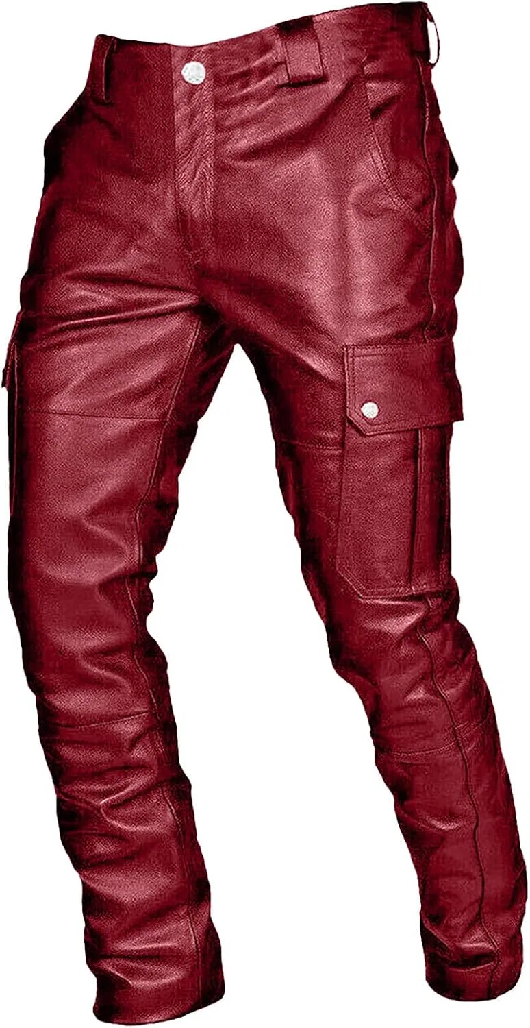 Мужские брюки из кожзама с принтом, Slim Fit, красный