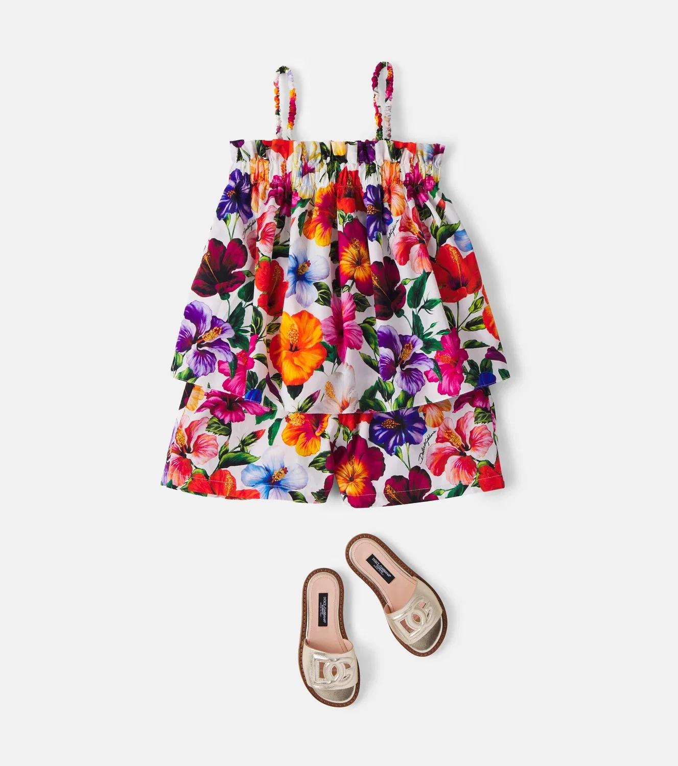 Комплект из топа и шорт с цветочным принтом, хлопковый, Dolce&Gabbana Kids, мультиколор — фото 2