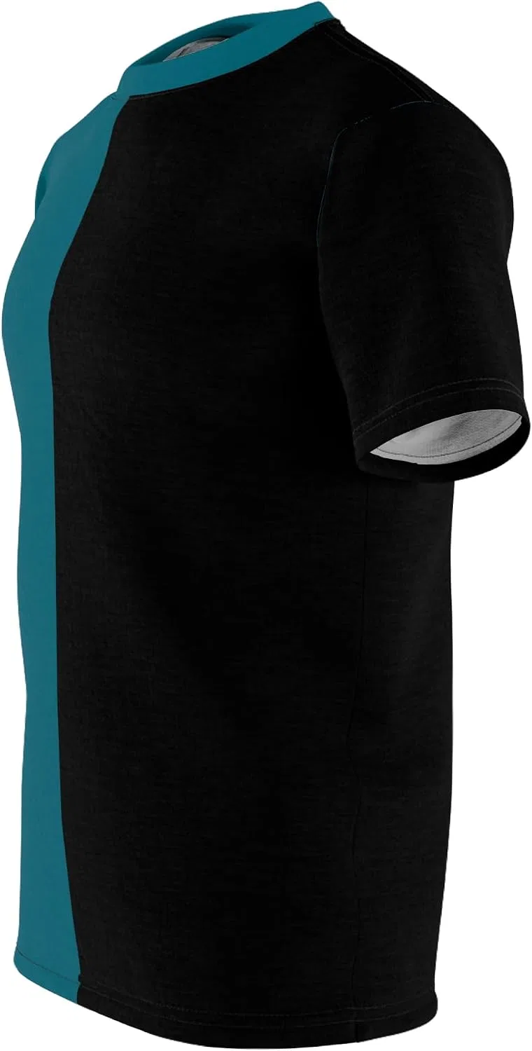 Футболка с принтом Half Teal Blue & Half Black, Black Stitching — фото 4