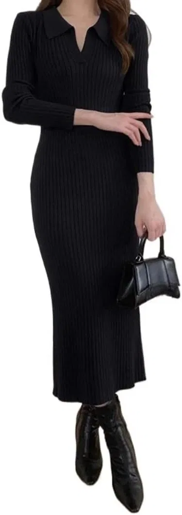 Женское платье с V-образным вырезом Knitted Dress, Black