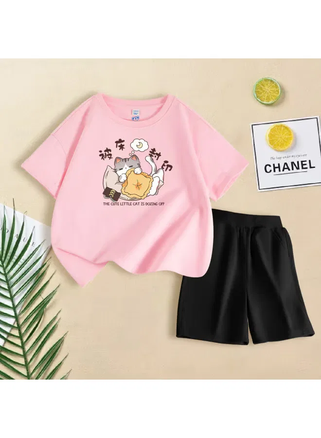 Комплект с коротким рукавом и шортами с принтом кошки Jeanswest, розовый — фото 2