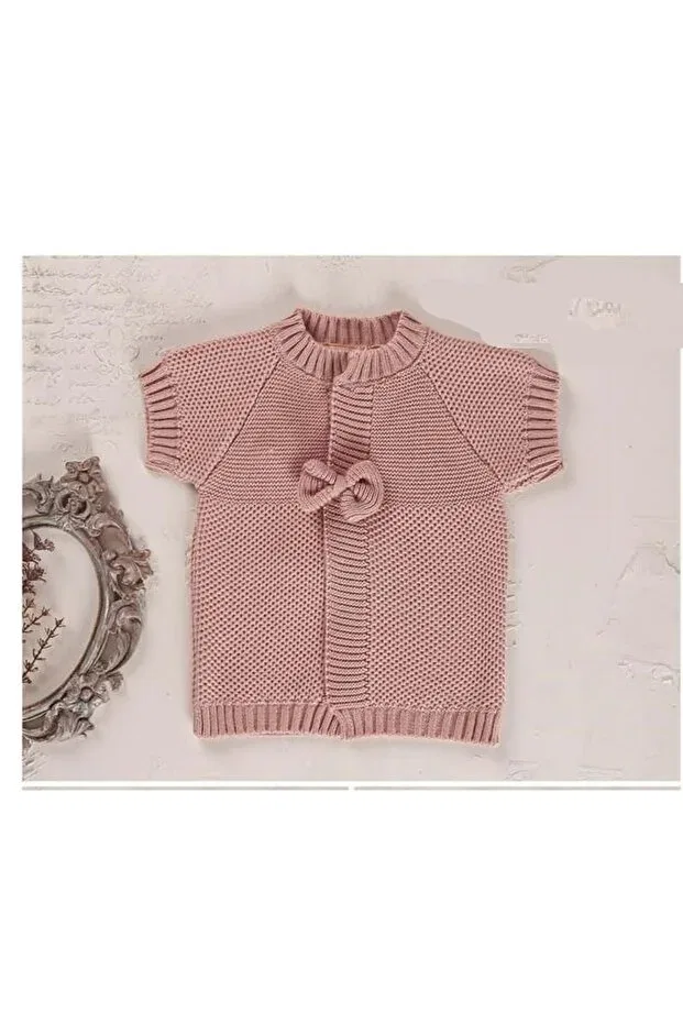 Детский кардиган с коротким рукавом Linked Half-sleeve Knit Cardigan with Bow Detail Ryze Çocuk, Dried Rose