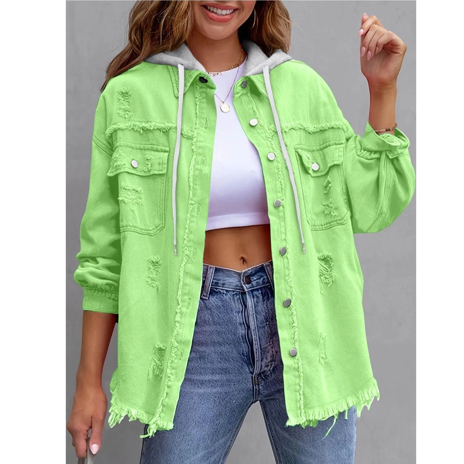 Женская джинсовая куртка с капюшоном с принтом, Light green — фото 2