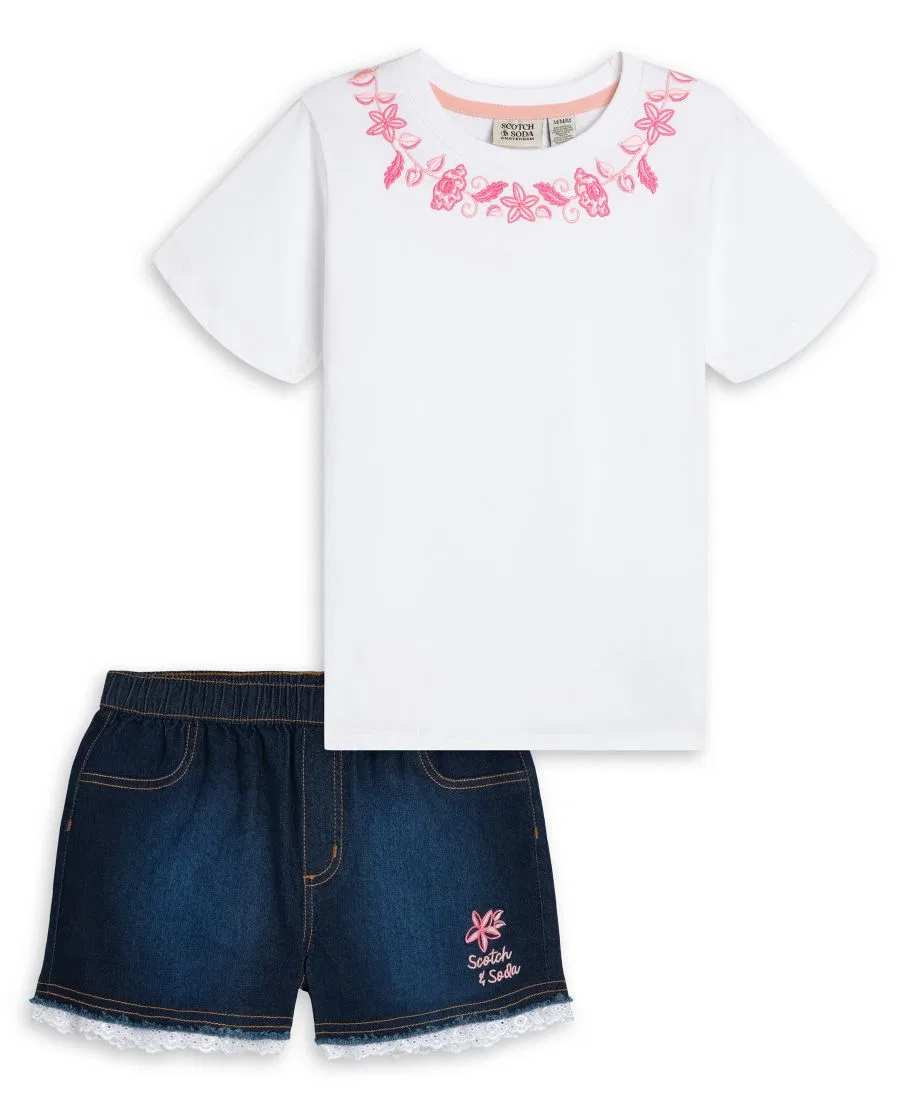 Комплект: топ с вышивкой и джинсовые шорты SCOTCH & SODA, White/Blue
