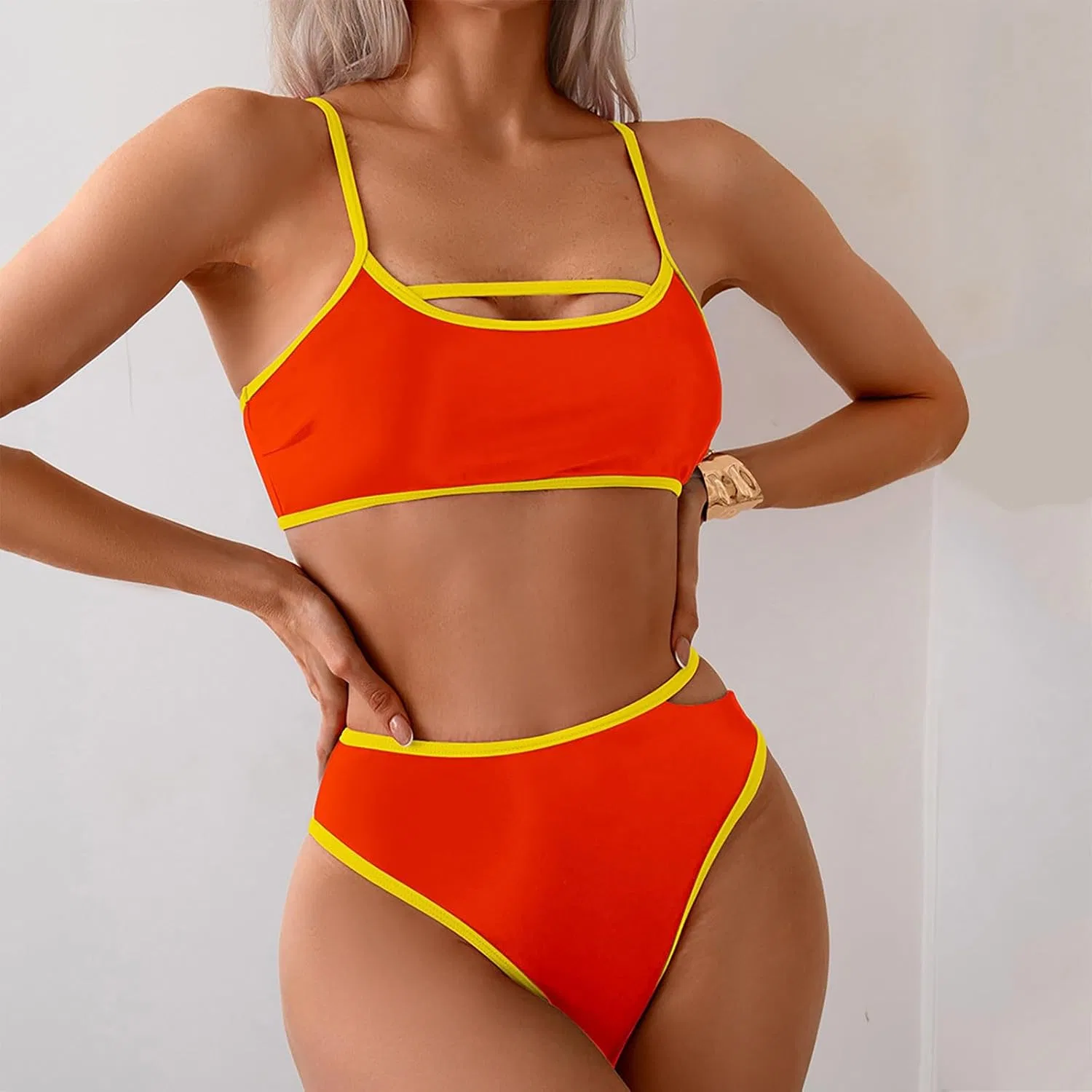 Женский бикини-сет с вырезами и цветными блоками, Orange — фото 2