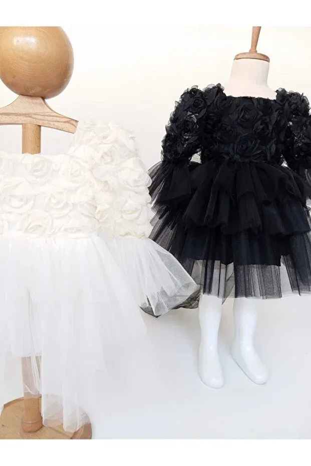 Детское платье для девочек с рюшами Rose Bow Detailed Tulle Tutu Evening Dress Baby, Black — фото 4