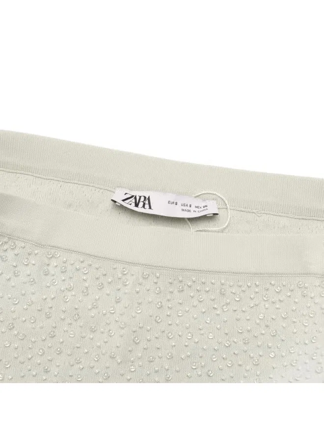 Юбка миди трикотажная с бахромой Zara, молочно-зеленый — фото 4