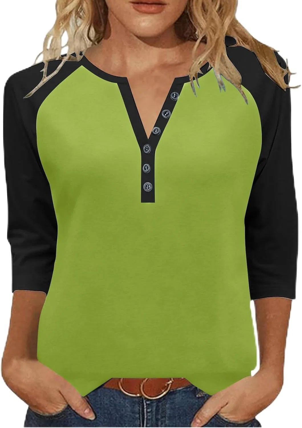 Женская футболка с V-образным вырезом и рукавом 3/4 Color Block, Green