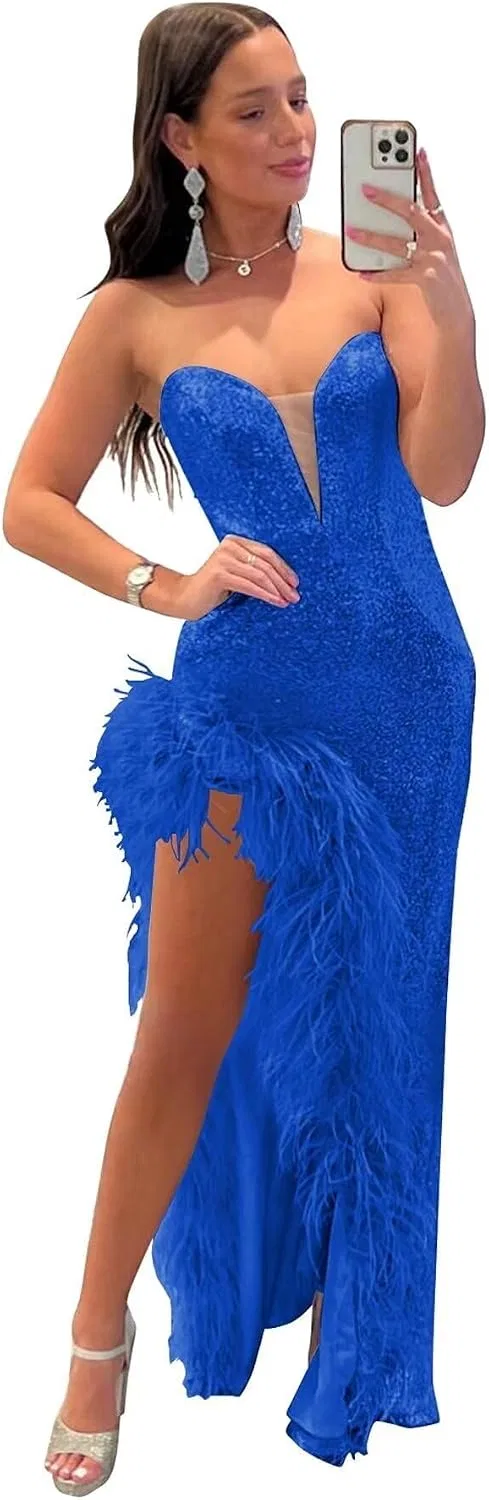 Женское вечернее платье с пайетками и перьями, Navy Blue — фото 4