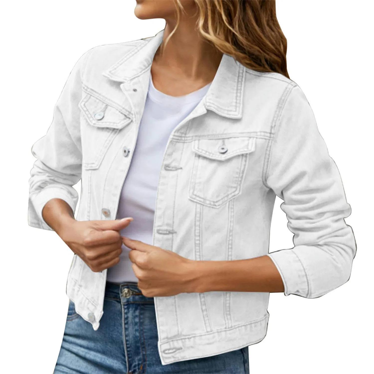 Женская джинсовая куртка с широким отворотом, модель Giacca Corta in Denim alla Moda con Risvolto Ampio Casual da Donna Giacca in Denim-Rosso-XXL, Rosso — фото 3