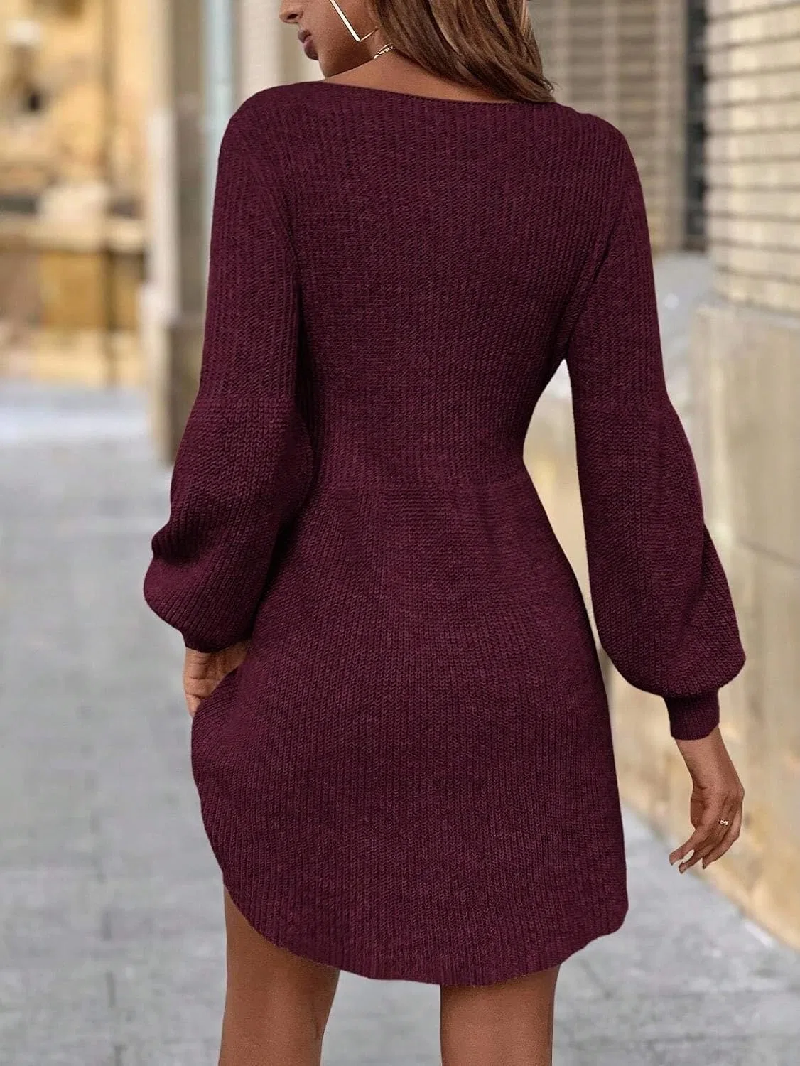 Женское короткое вязаное платье с круглым вырезом, Red Violet — фото 3