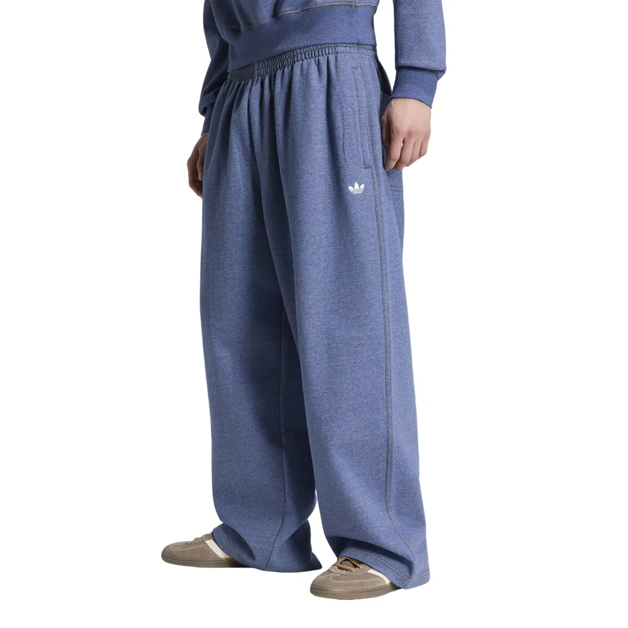 Мужские мешковатые брюки из футера с принтом Trefoil, adidas Originals Essentials Melange OH Baggy Pants, White/Blue