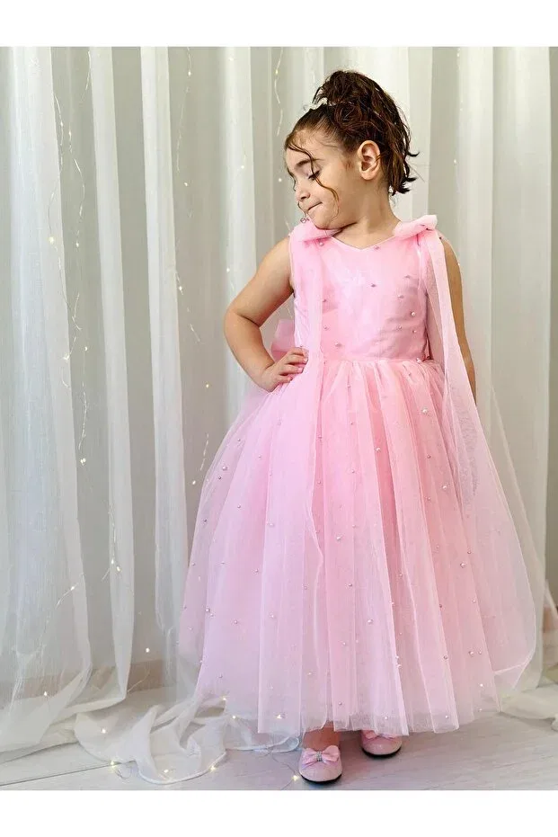 Детское платье для девочек с длинным рукавом Pink pearls long dress vintage baby girl dress Linarookids, Pink — фото 2