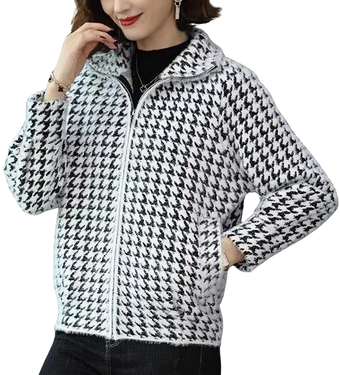 Женское двубортное пальто с принтом в елочку, с длинным рукавом, Zip / White