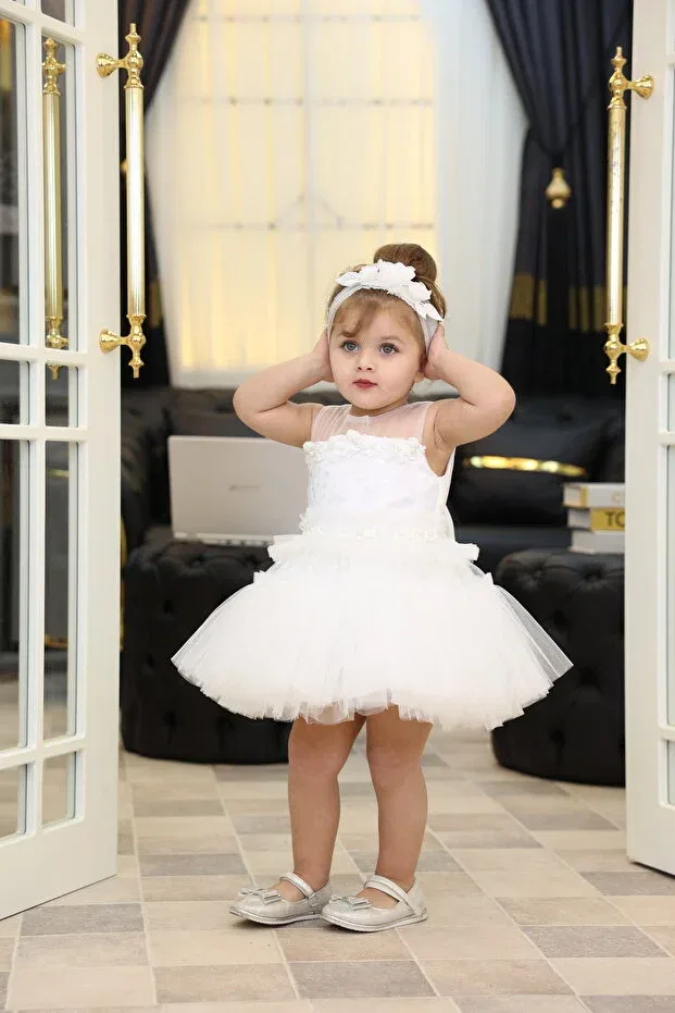 Детское платье для девочек с принтом Ruched star pattern embroidered tulle baby girl evening dress Miss Rain, White