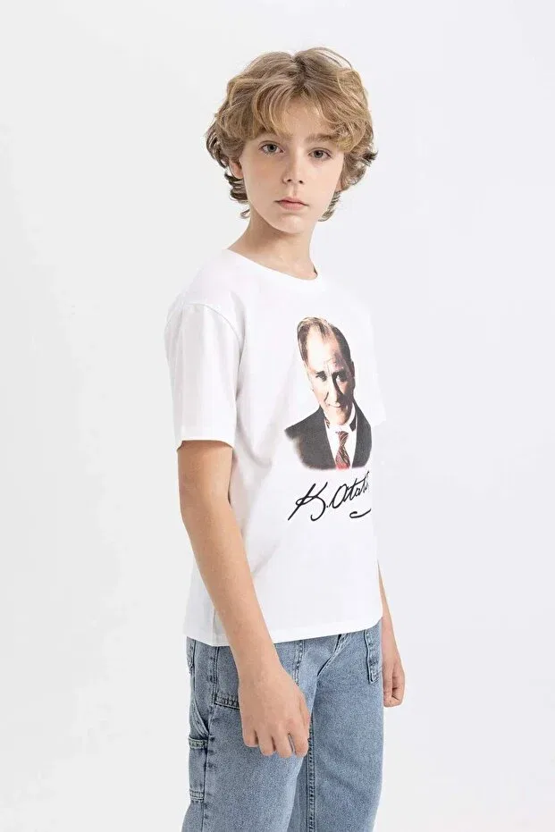 Детская футболка для мальчиков с принтом 29 October Republic Day Crew Neck Color Changing Ataturk Printed Defacto, White-Wt34 — фото 3