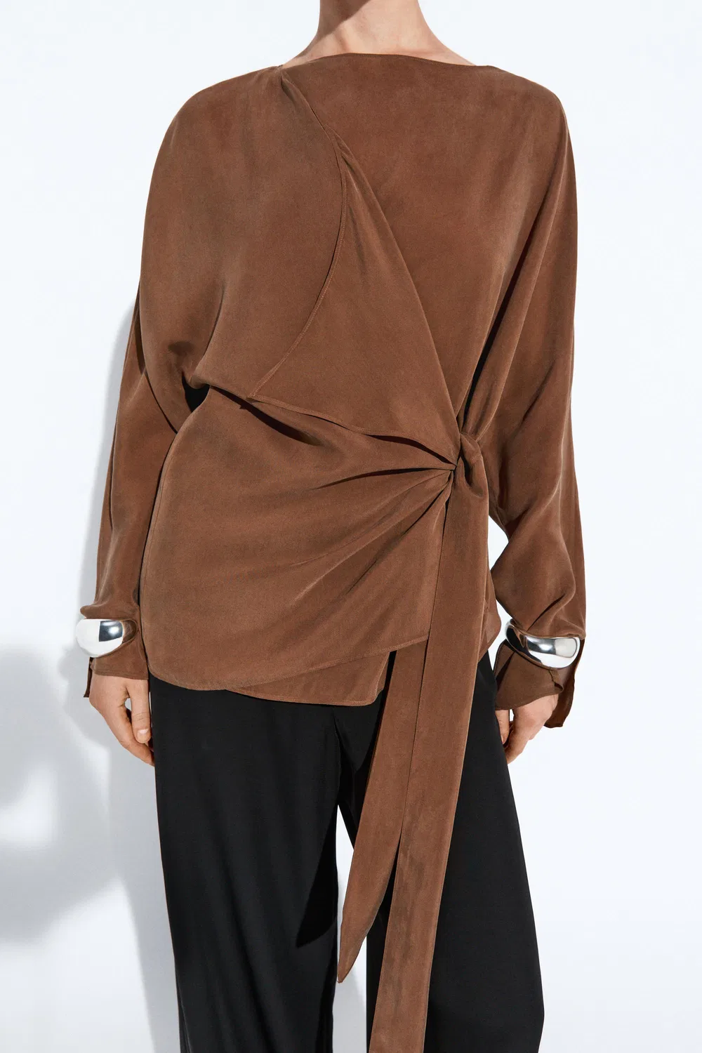 Кимоно Massimo Dutti, струящееся с завязками, коричневый — фото 2