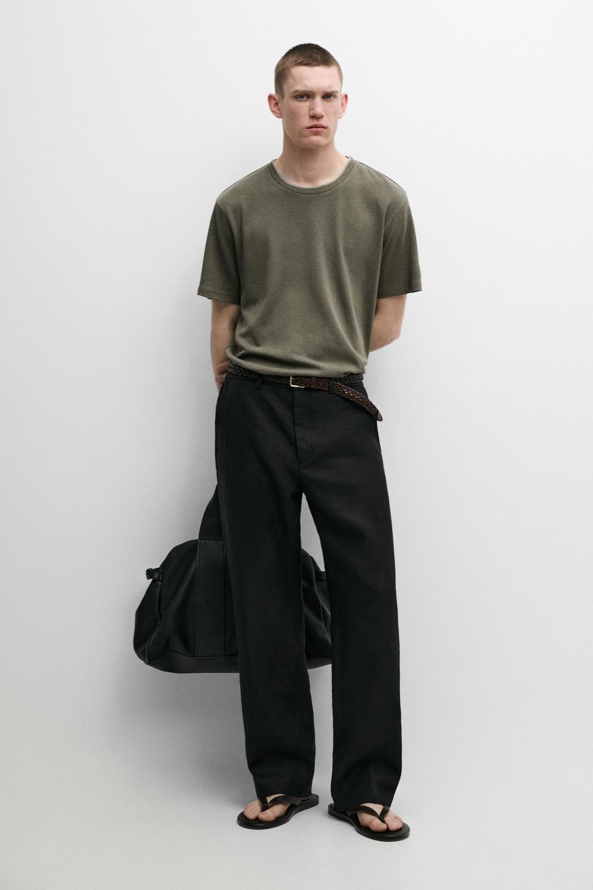 Футболка Massimo Dutti Linen And Cotton Double-collar, хаки — фото 2