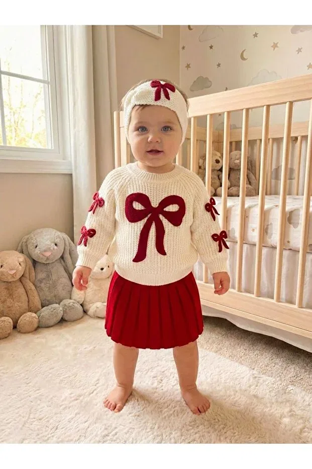 Детский комплект для девочек вязаный с вышивкой Yukobaby Bebeğiniz Için En Doğalı, Red