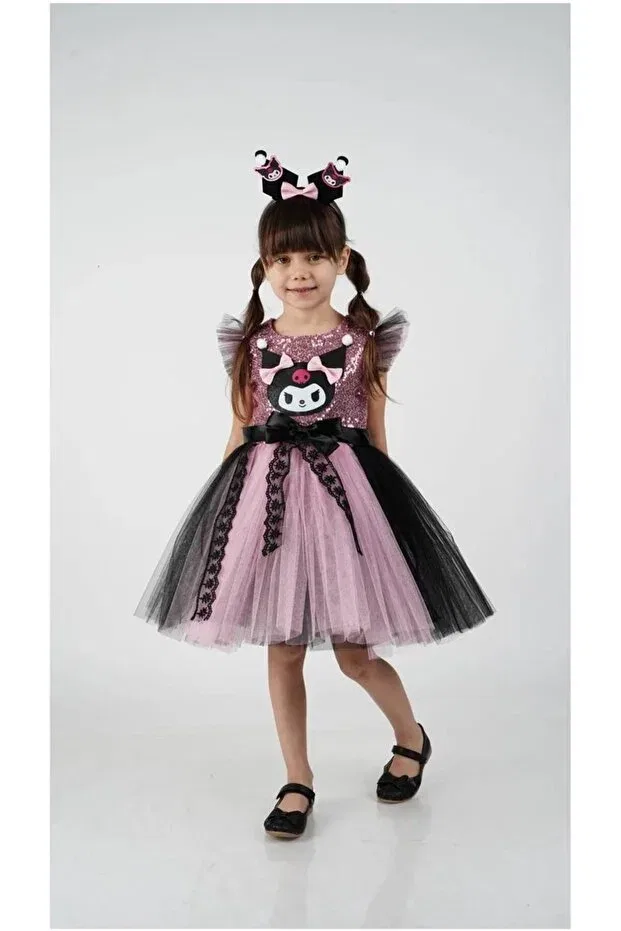 Детское платье для девочек с принтом Kuromi Crown Accessory Extraçarşi, Pink-Black 1