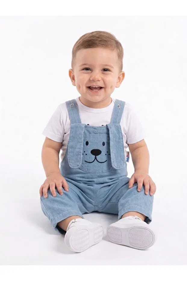 Детский комбинезон для мальчиков хлопковый комплект Cotton ear detailed soft denim 2-piece baby boy salopet set Kids Kingdom, Blue — фото 2