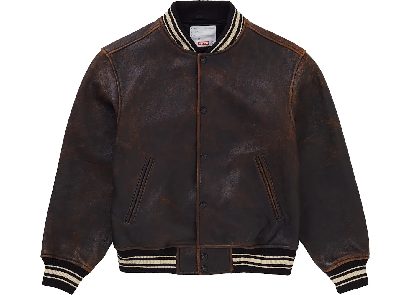 Мужская кожаная куртка-бомбер из поношенной кожи Supreme Worn Leather Varsity Jacket, Black