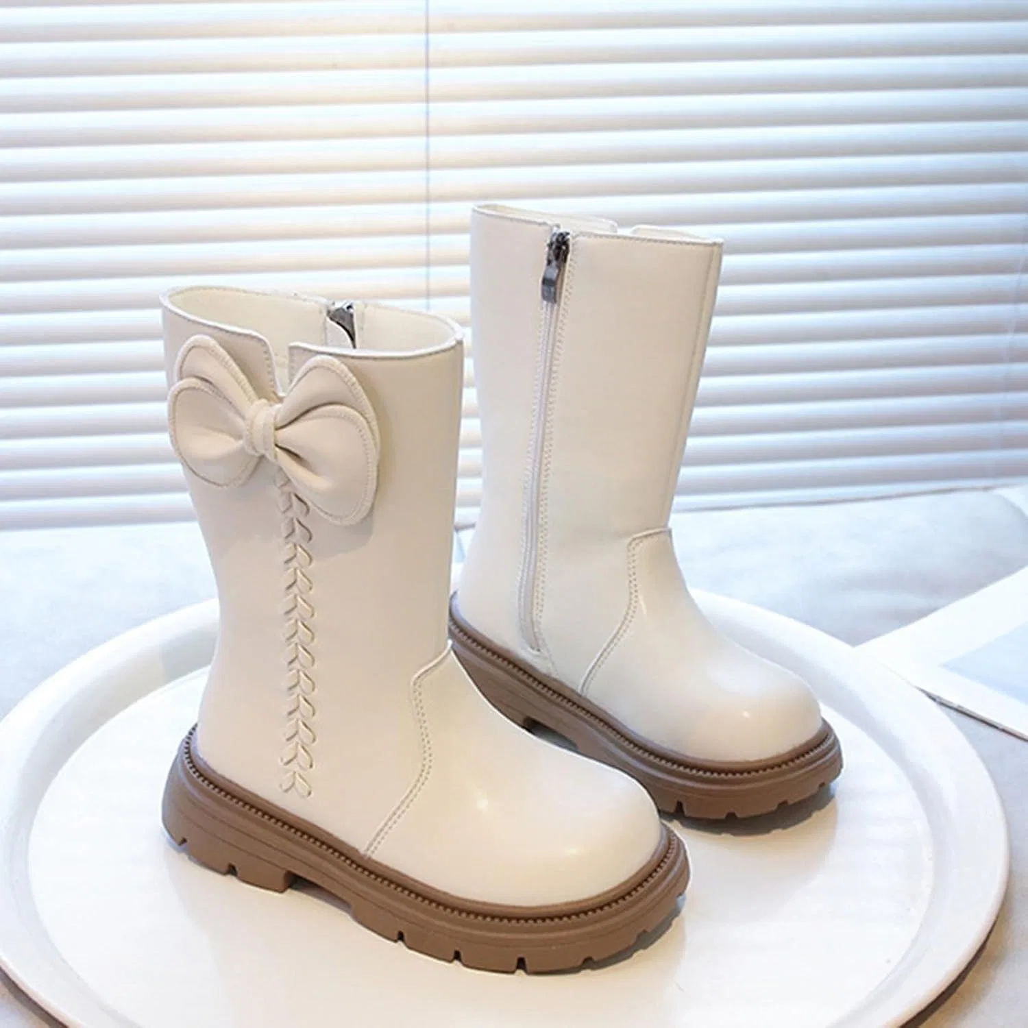 Детские ботинки для девочек с принтом, модель Girls Knee Length Boots Mid Calf Riding Boots PU Leather Zipper Punk Goth Boot Fall Winter Bowknot Combat Boot Little Big Kid, White — фото 4