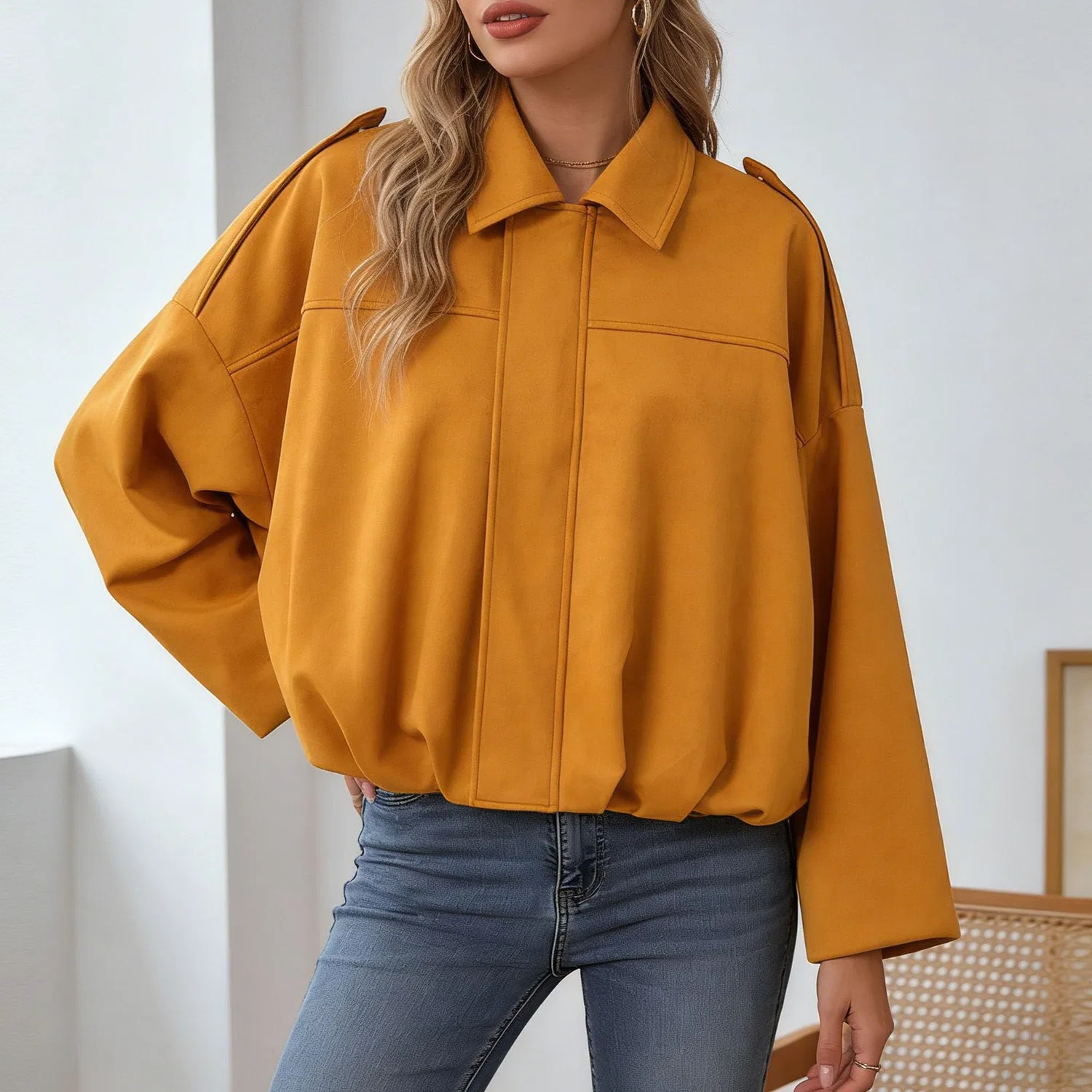 Женская куртка-бомбер из искусственной замши оверсайз, yellow — фото 4
