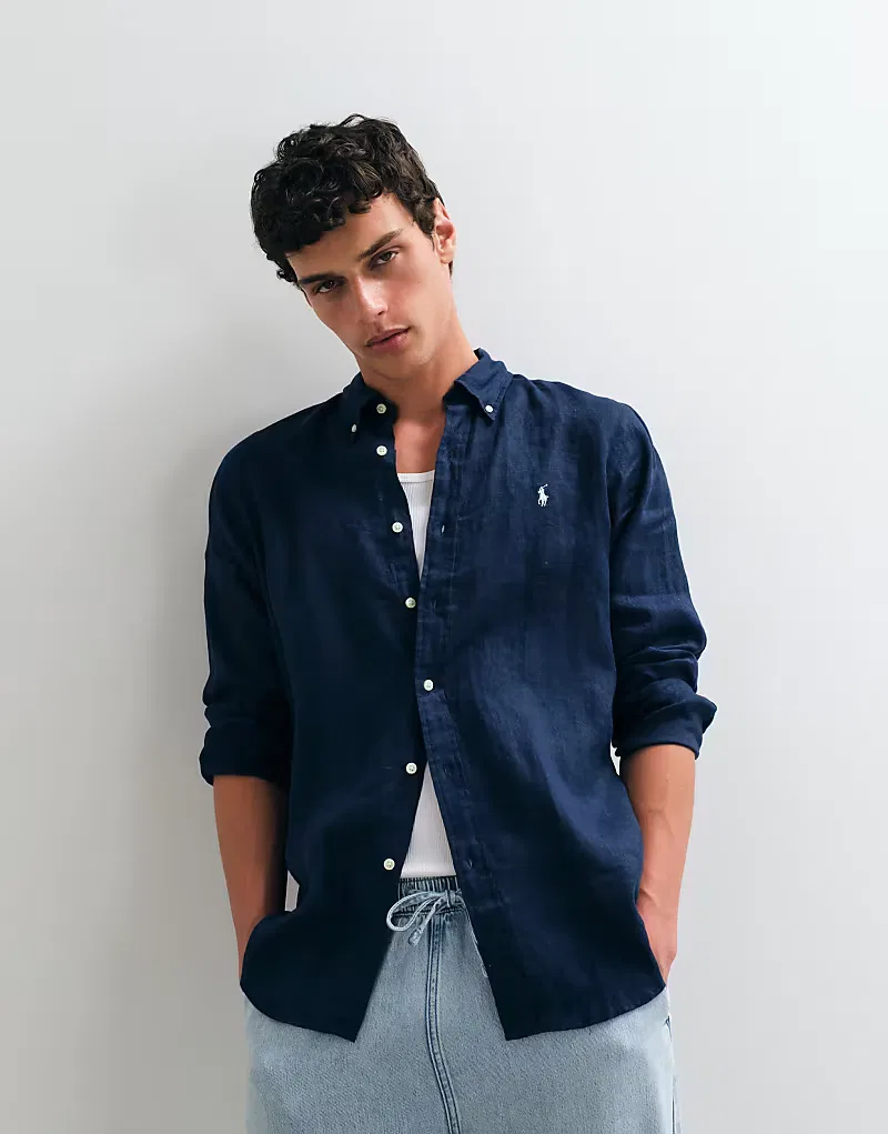 Льняная рубашка Polo Ralph Lauren с длинными рукавами и логотипом Icon, темно-синий — фото 4
