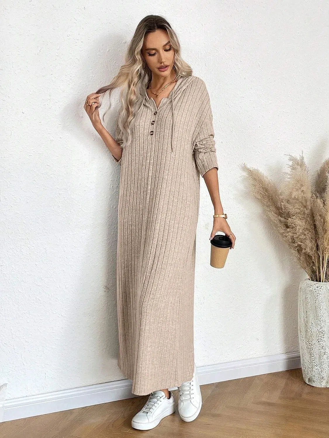 Женское повседневное платье миди с капюшоном Rib Knit, Khaki — фото 4