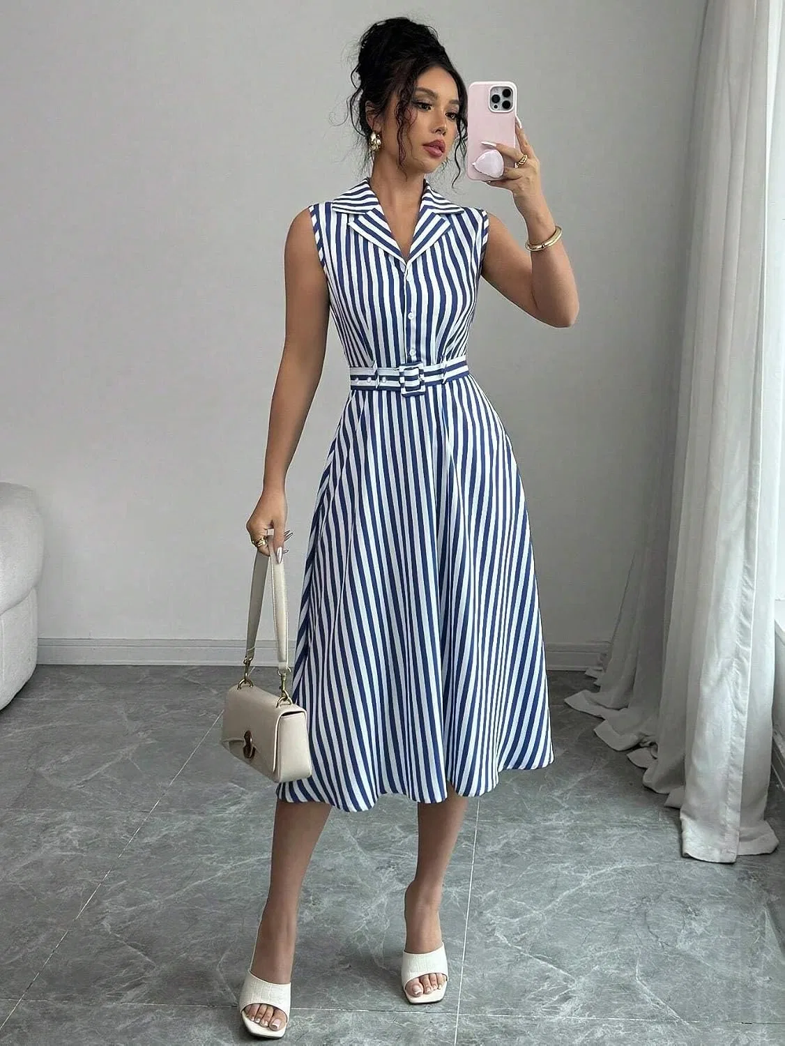 Женское повседневное платье с запахом и поясом, миди, Navy Blue — фото 2