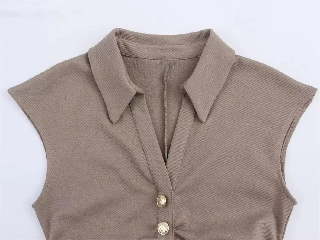 Женское приталенное миди-платье с защипами на талии Generic, Khaki — фото 4