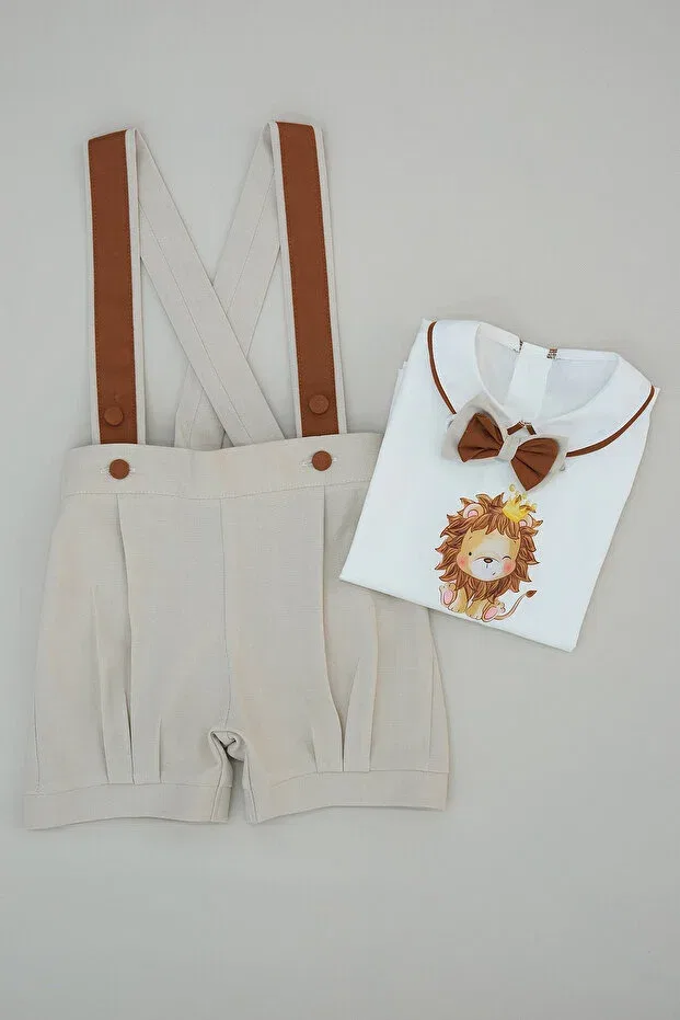 Детский комбинезон для мальчиков с принтом Baby lion printed shorts salopette suit Annerüyası, Beige — фото 3